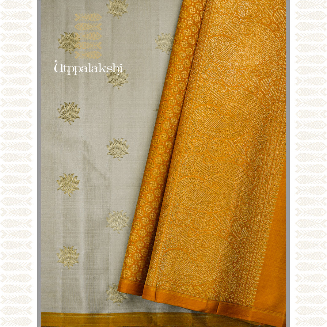 PASTEL CARDAMOM GREEN WITH MUSTARD PALLU -AN UTPPALAKSHI HANDWOVEN KANCHIPURAM SILK SAREE