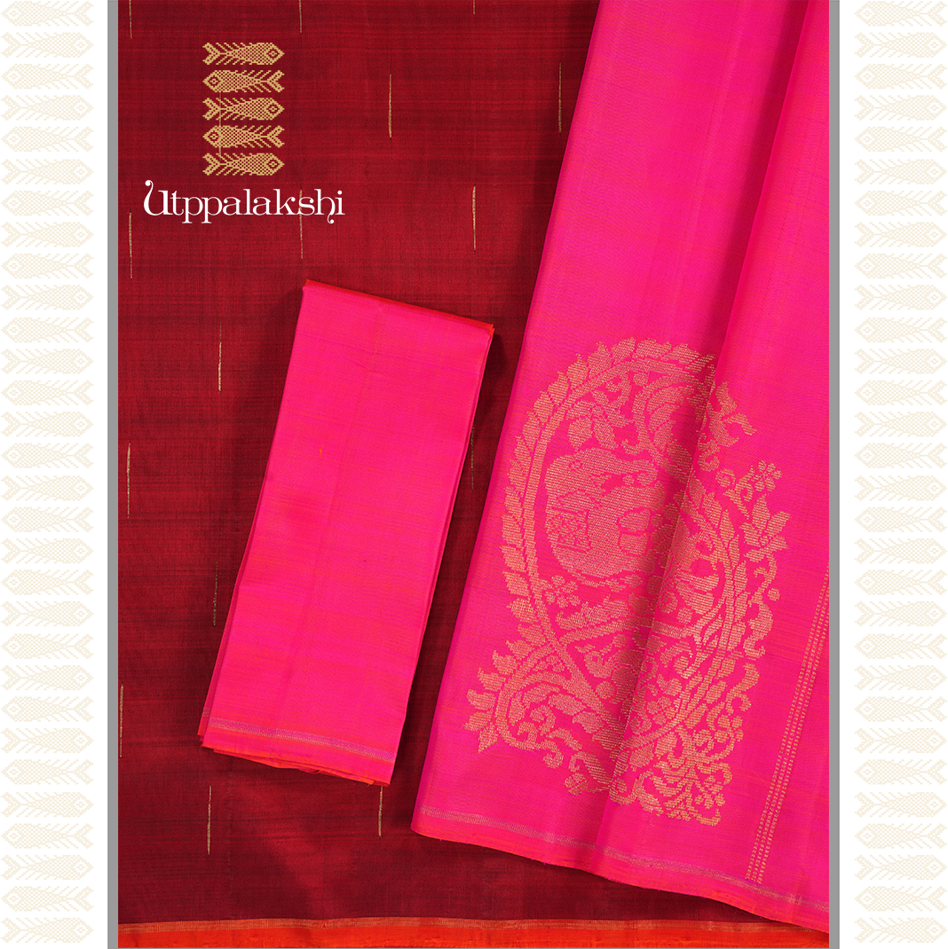 MAROON RAIN DROPS WITH PEACH COLOUR PALLU-AN UTPPALAKSHI HANDWOVEN KANCHIPURAM SILK SAREE