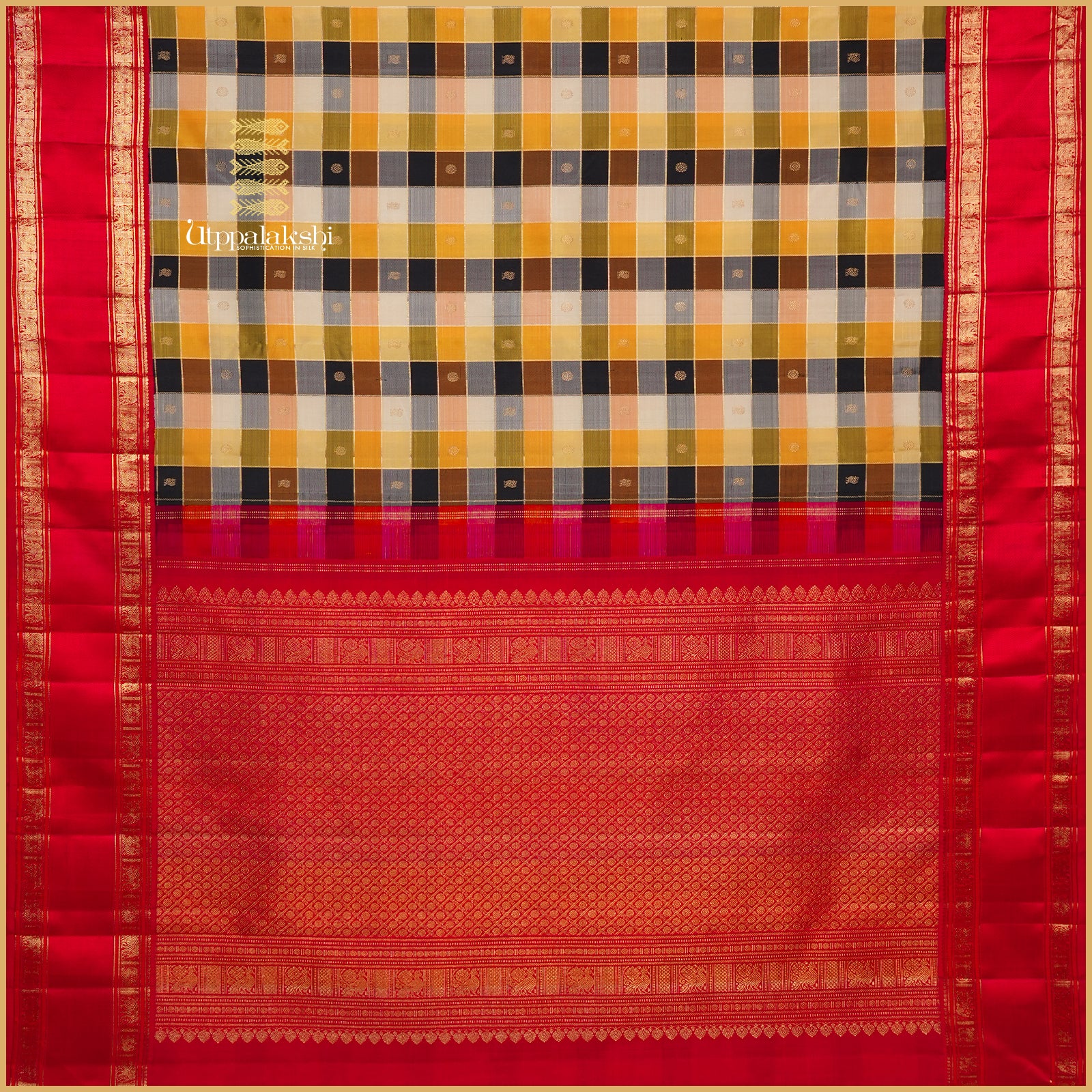 Multicolour Checks Body with Red Retta pettu Pallu and Traditional Jari Motifs – An Utppalakshi Handwoven Kanjivaram Silk Saree