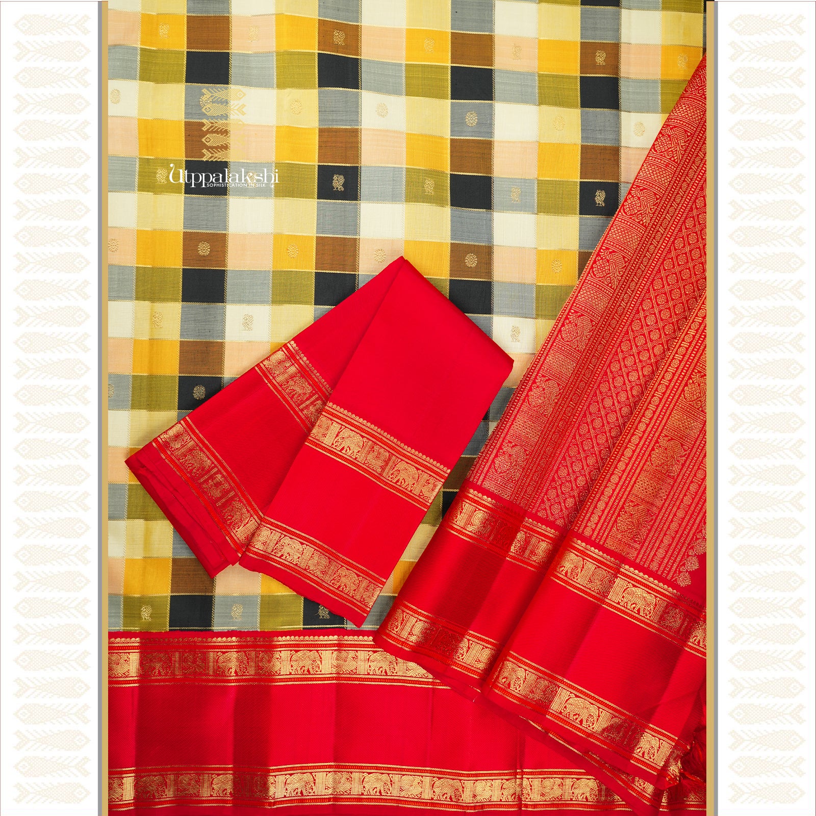 Multicolour Checks Body with Red Retta pettu Pallu and Traditional Jari Motifs – An Utppalakshi Handwoven Kanjivaram Silk Saree