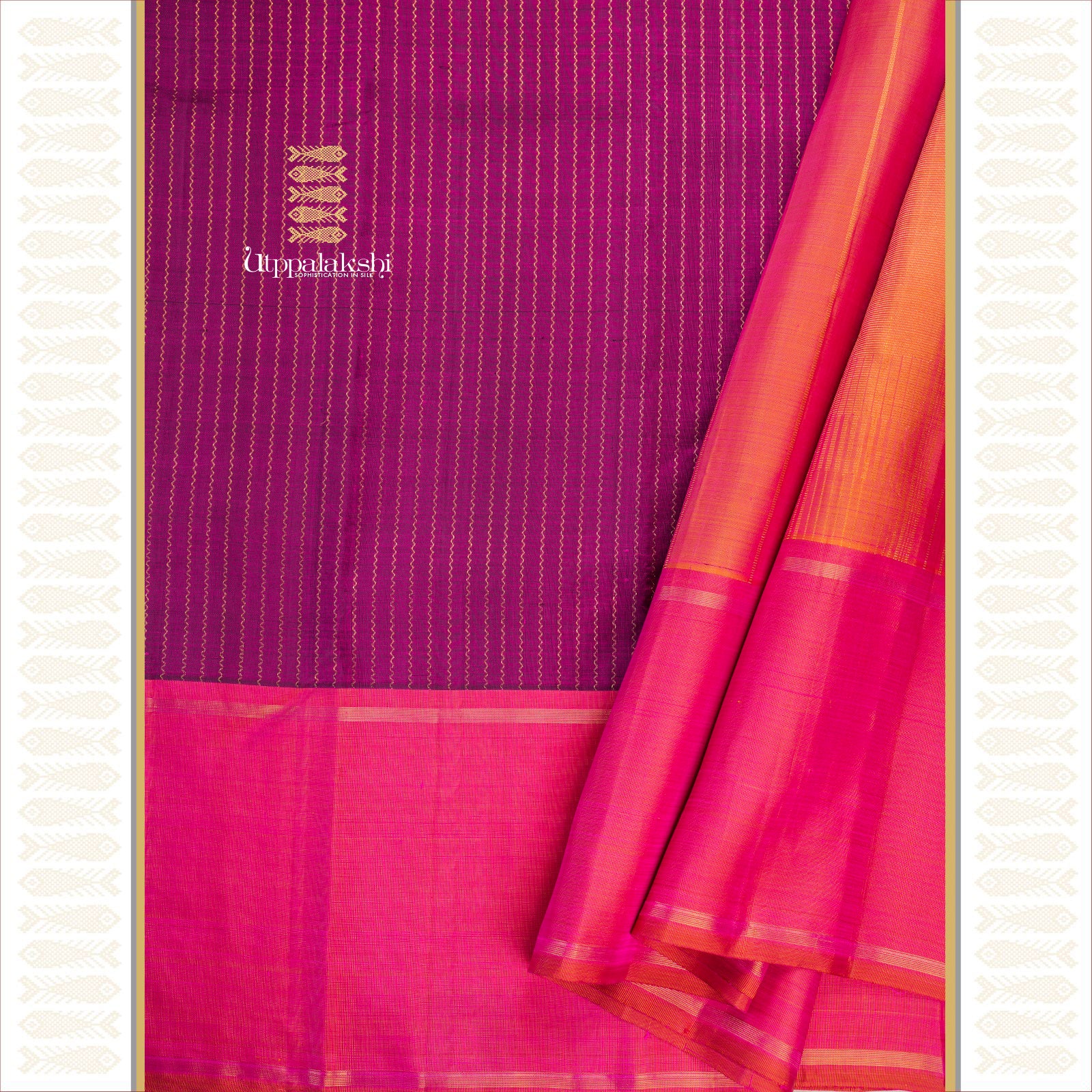 Purple Jari Nelli Body with Ganga Jamuna Borders and Dual-Tone Soft Light Pink Pallu – An Utppalakshi Handwoven Kanjivaram Silk Saree