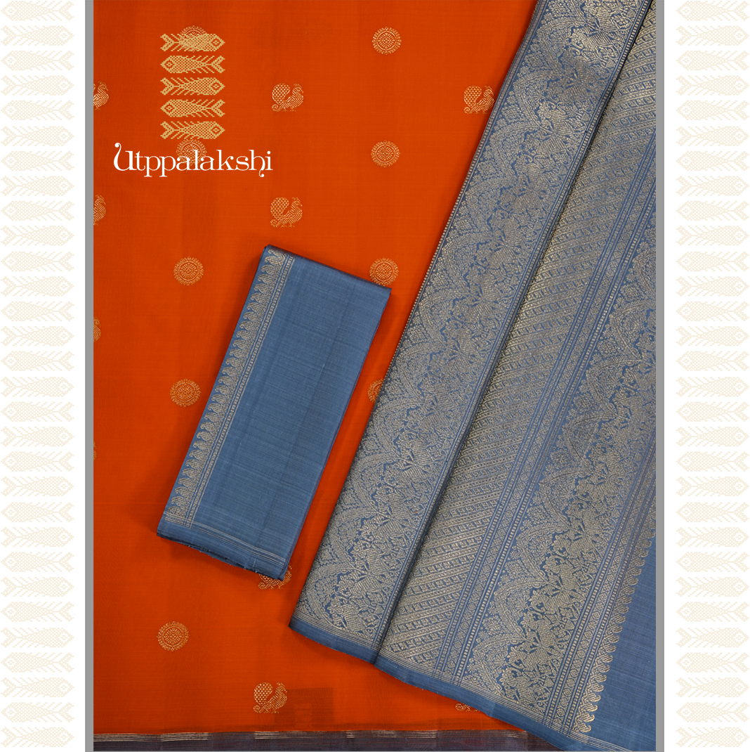 BURNT ORANGE KANJIVARAM KORA SILK SAREE-AN UTPPALAKSHI HANDWOVEN KANCHIPURAM SILK SAREE
