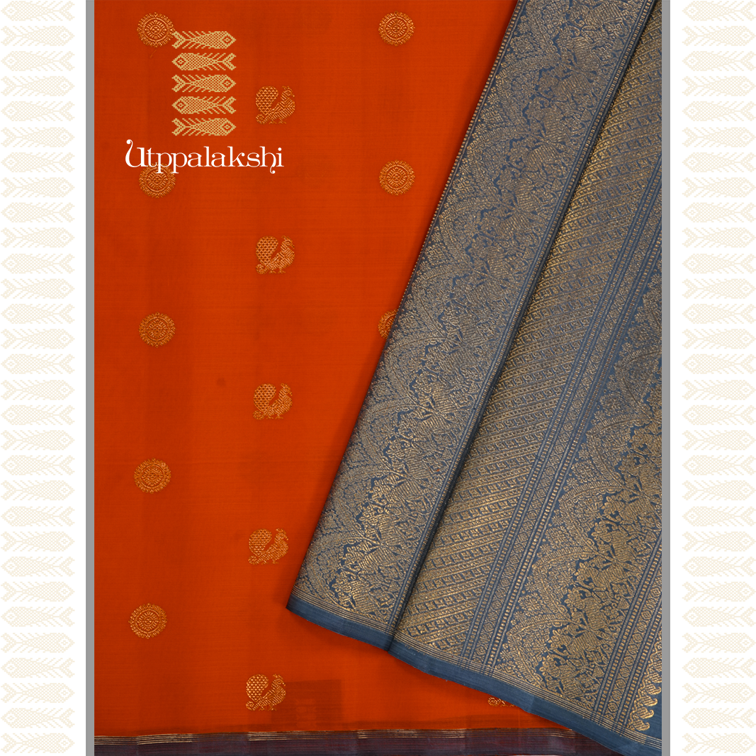 BURNT ORANGE KANJIVARAM KORA SILK SAREE-AN UTPPALAKSHI HANDWOVEN KANCHIPURAM SILK SAREE