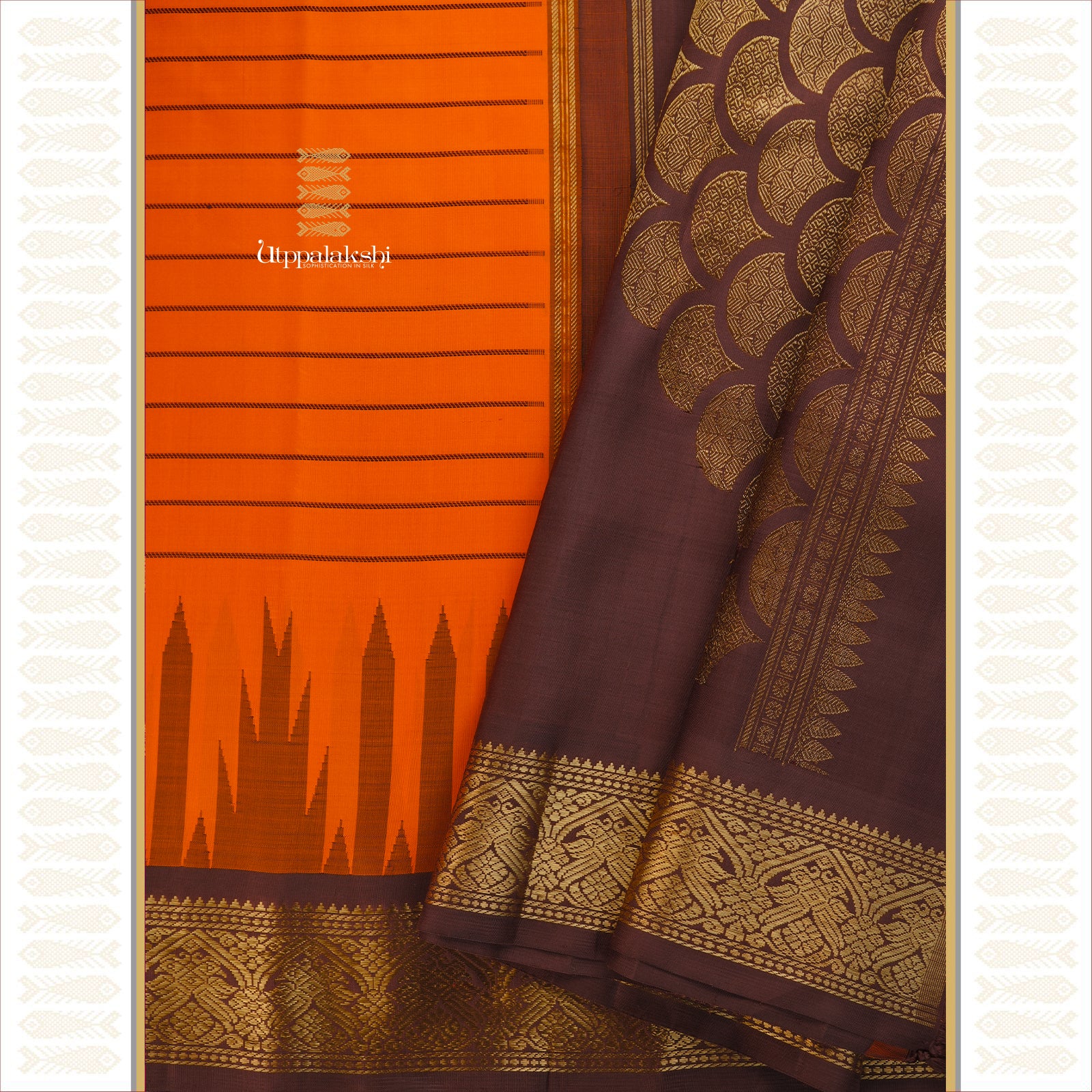 A Master Weaver’s Creation - VIBRANT ORANGE COFFEE BROWN SEMI KORVAI SAREE -AN UTPPALAKSHI HANDWOVEN KANCHIPURAM SILK SAREE