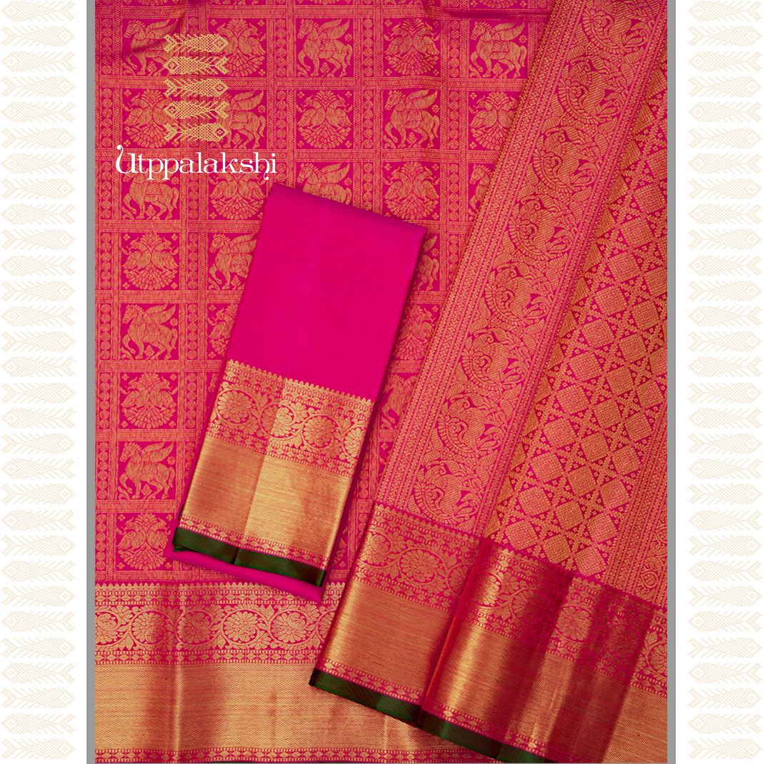 PINK SHOT WITH TOMATO COLOUR BRIDAL SAREE-AN UTPPALAKSHI HANDWOVEN KANCHIPURAM SILK SAREE