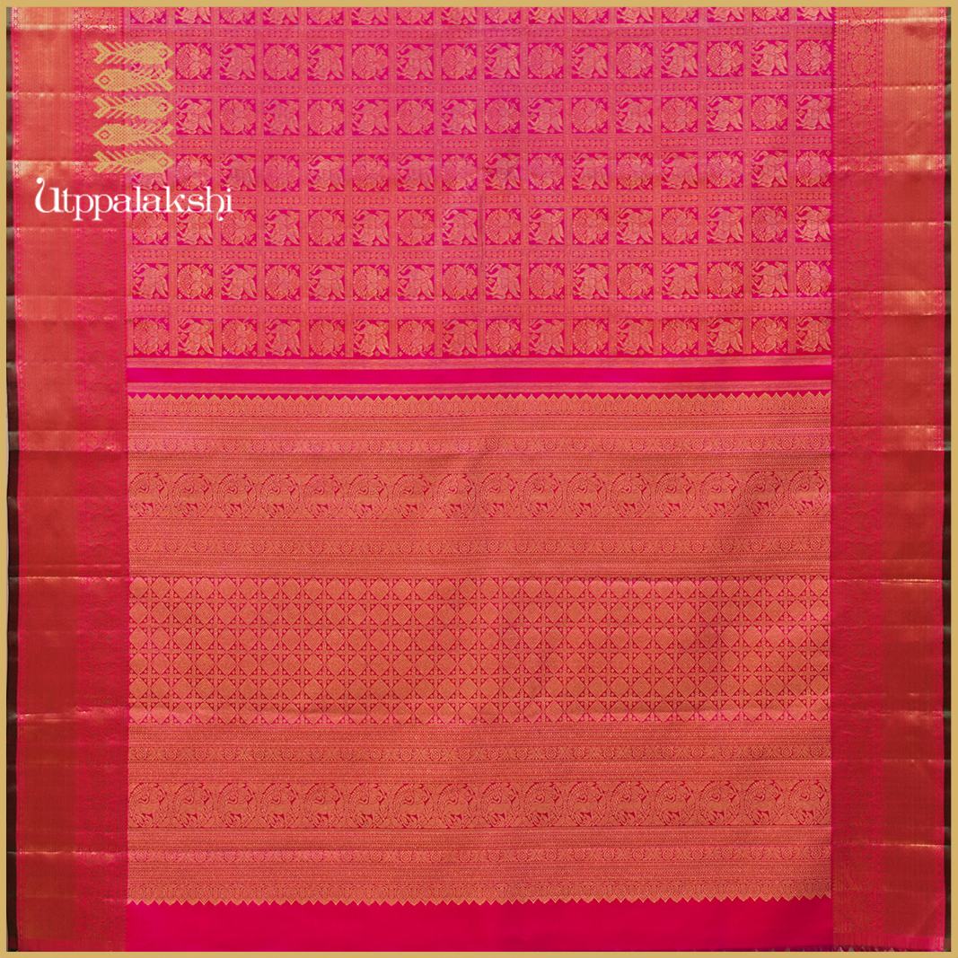 PINK SHOT WITH TOMATO COLOUR BRIDAL SAREE-AN UTPPALAKSHI HANDWOVEN KANCHIPURAM SILK SAREE