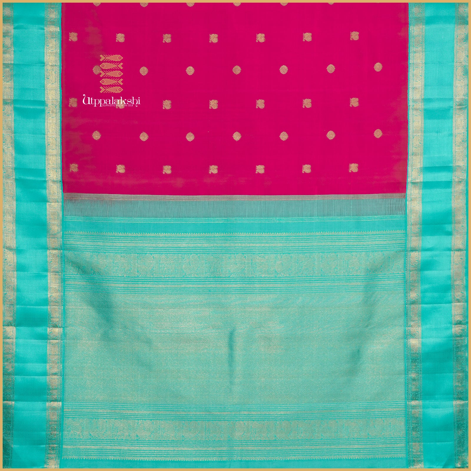 Classic korvai in Rani pink and copper sulphate blue Woven - AN UTPPALAKSHI HANDWOVEN KANJIVARAM SILK SAREE