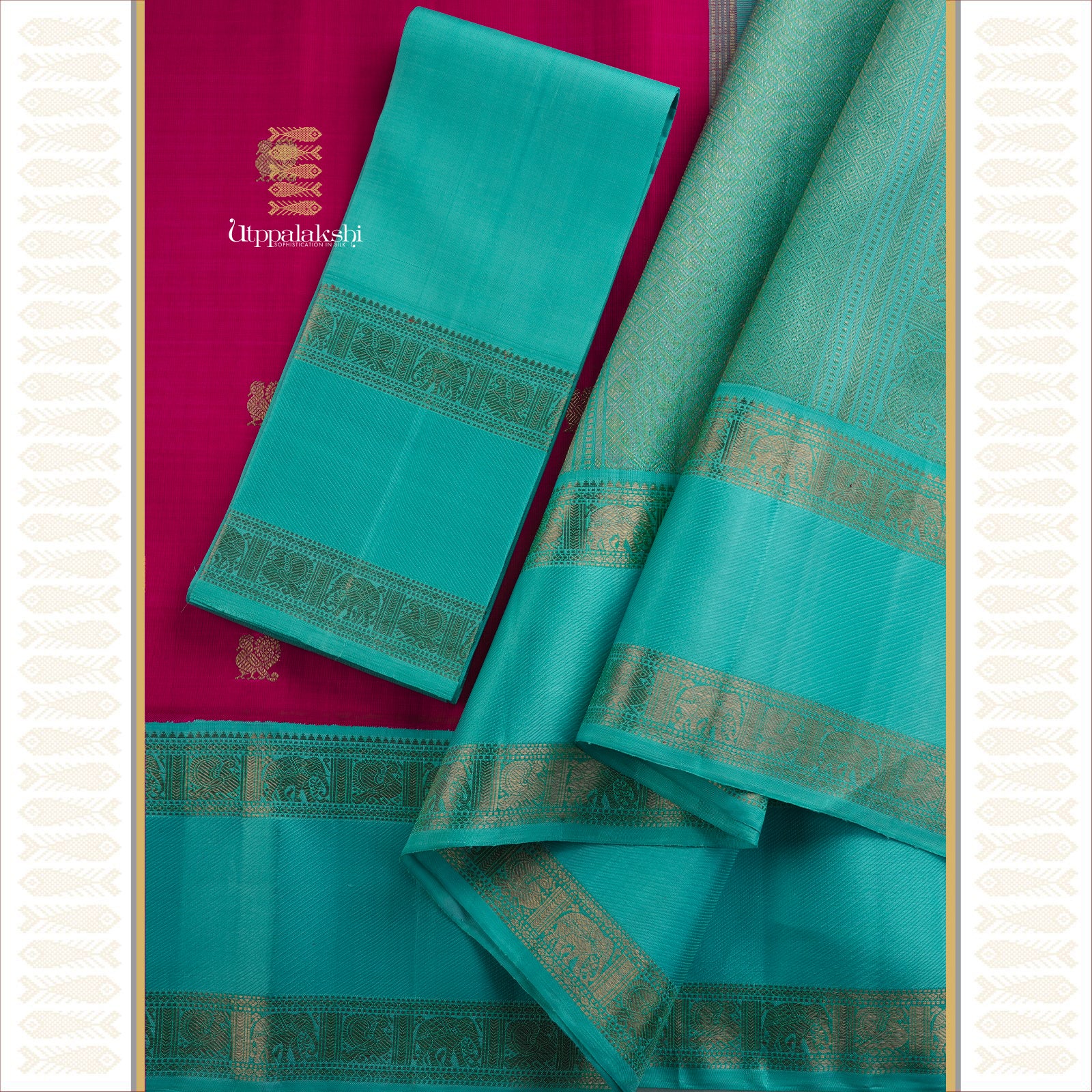 Classic korvai in Rani pink and copper sulphate blue Woven - AN UTPPALAKSHI HANDWOVEN KANJIVARAM SILK SAREE