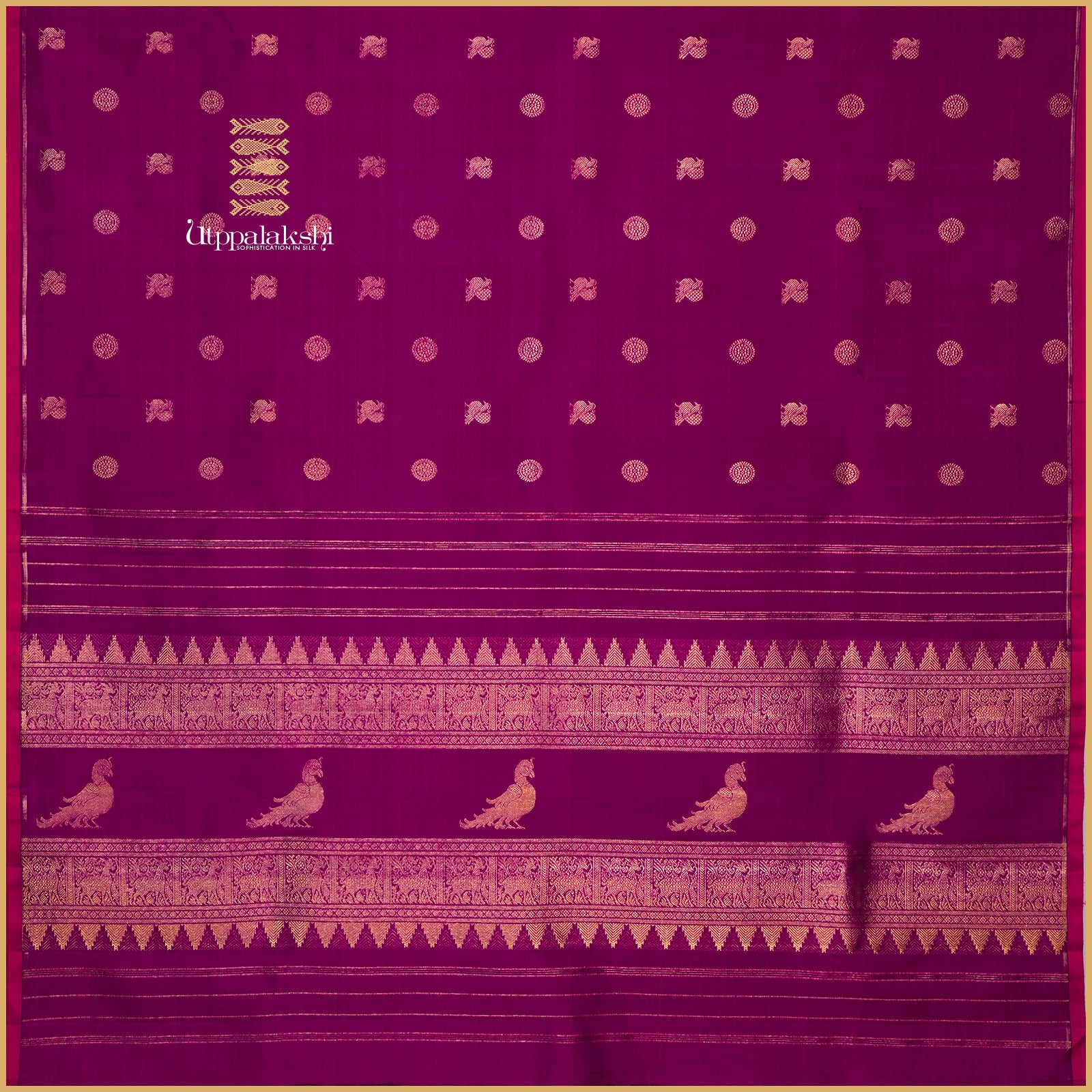 Purple with Annam and Chakaram Motifs and Pink Selvedge with Pallu Featuring Parrot and Spotted Deer Designs – An Utppalakshi Handwoven Kanjivaram Silk Saree