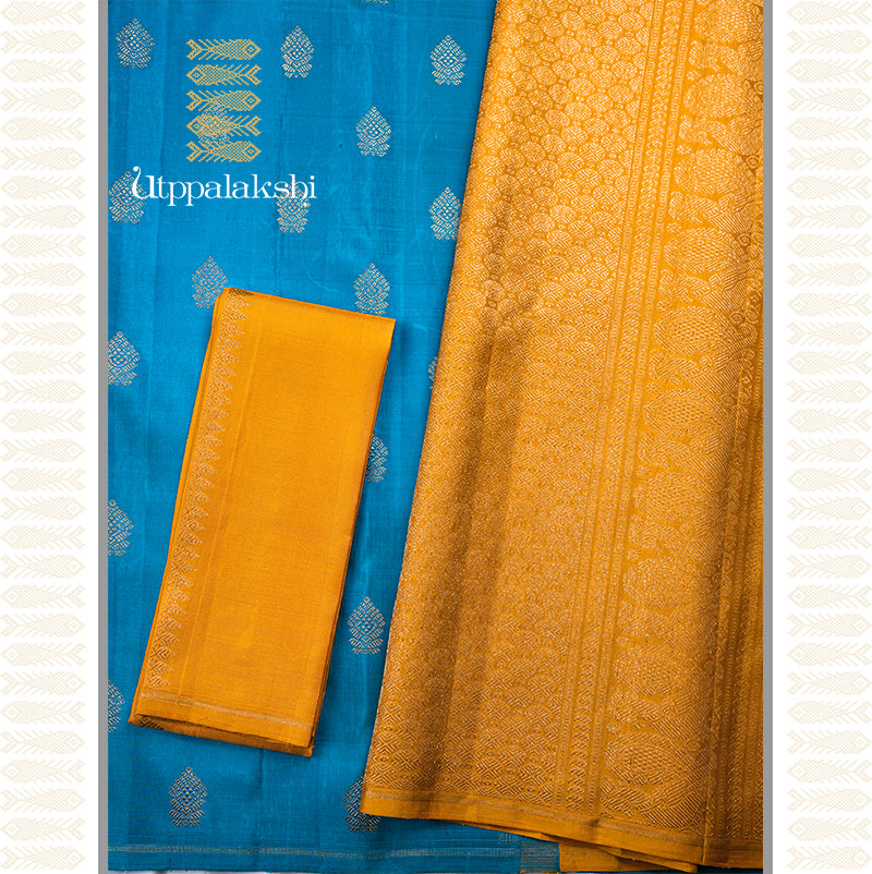 RAMAR BLUE SAREE WITH MUSTARD YELLOW PALLU-AN UTPPALAKSHI HANDWOVEN KANCHIPURAM SILK SAREE