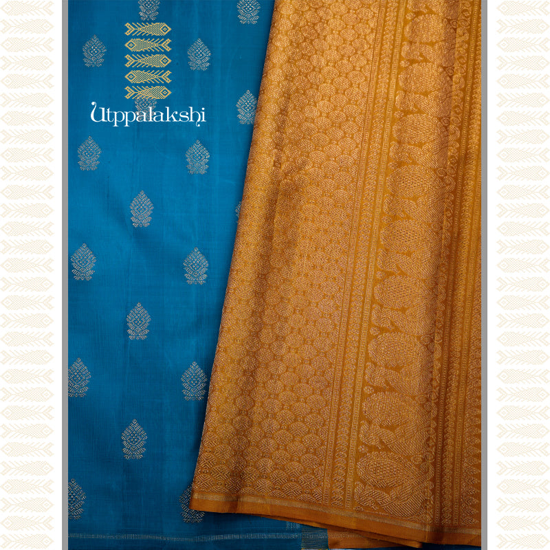 RAMAR BLUE SAREE WITH MUSTARD YELLOW PALLU-AN UTPPALAKSHI HANDWOVEN KANCHIPURAM SILK SAREE