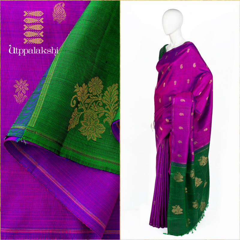 UTPPALAKSHI HANDWOVEN KANJIVARAM SILK SAREE VADAMALLI AND GREEN NO BORDER