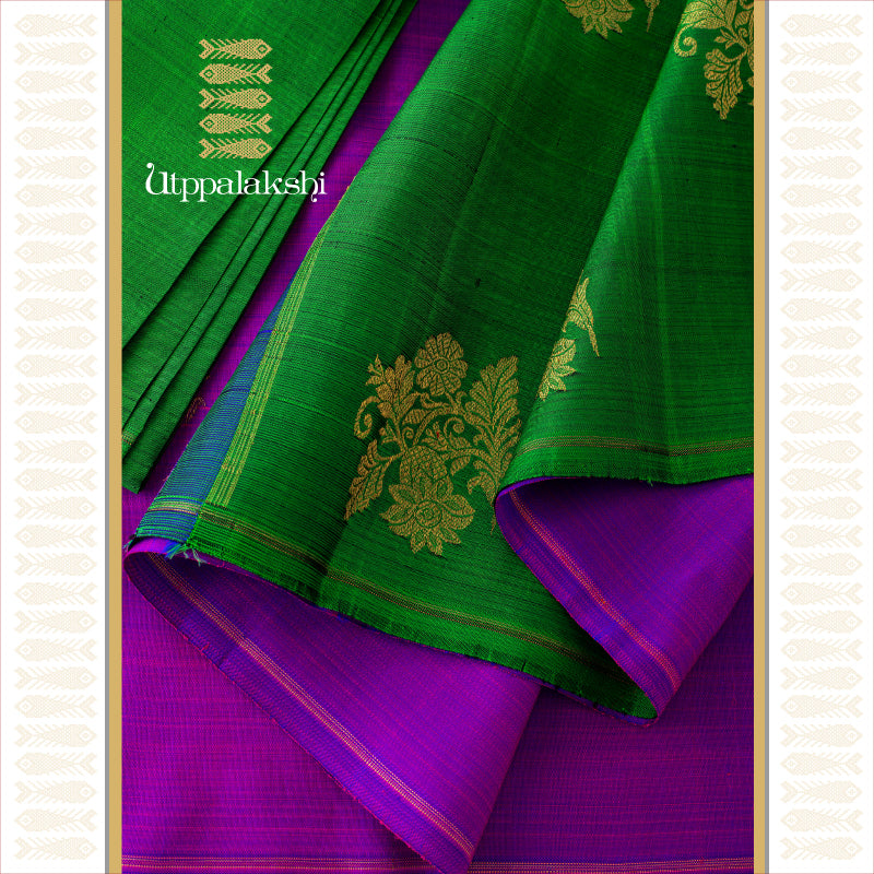UTPPALAKSHI HANDWOVEN KANJIVARAM SILK SAREE VADAMALLI AND GREEN NO BORDER