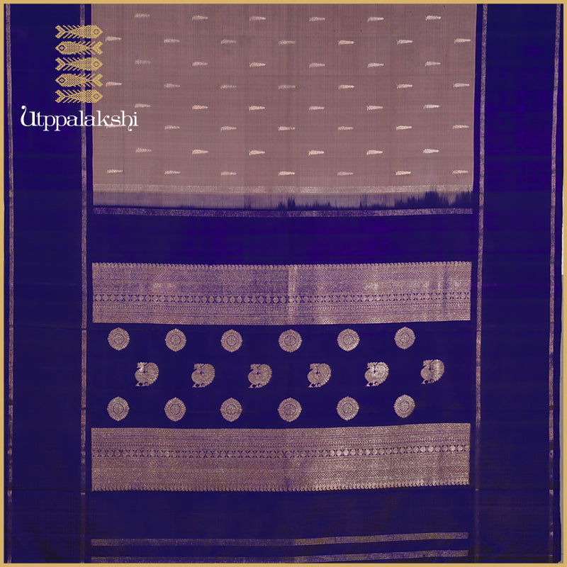 SMOKEY GREY COLOUR SAREE WITH BLUE BORDER-AN UTPPALAKSHI HANDWOVEN KANCHIPURAM SILK SAREE