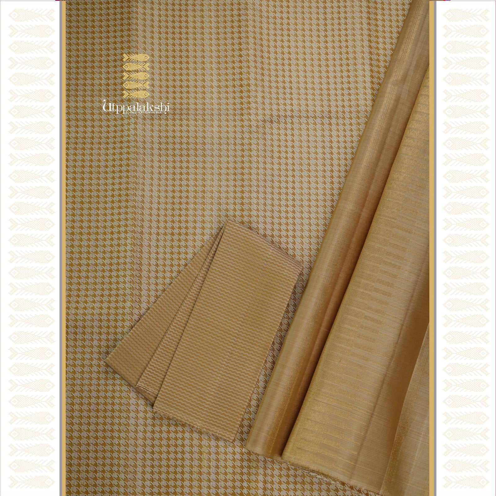 Tusser and White Body with Classic Houndstooth Pattern – An Utppalakshi Handwoven Kanjivaram Silk Saree
