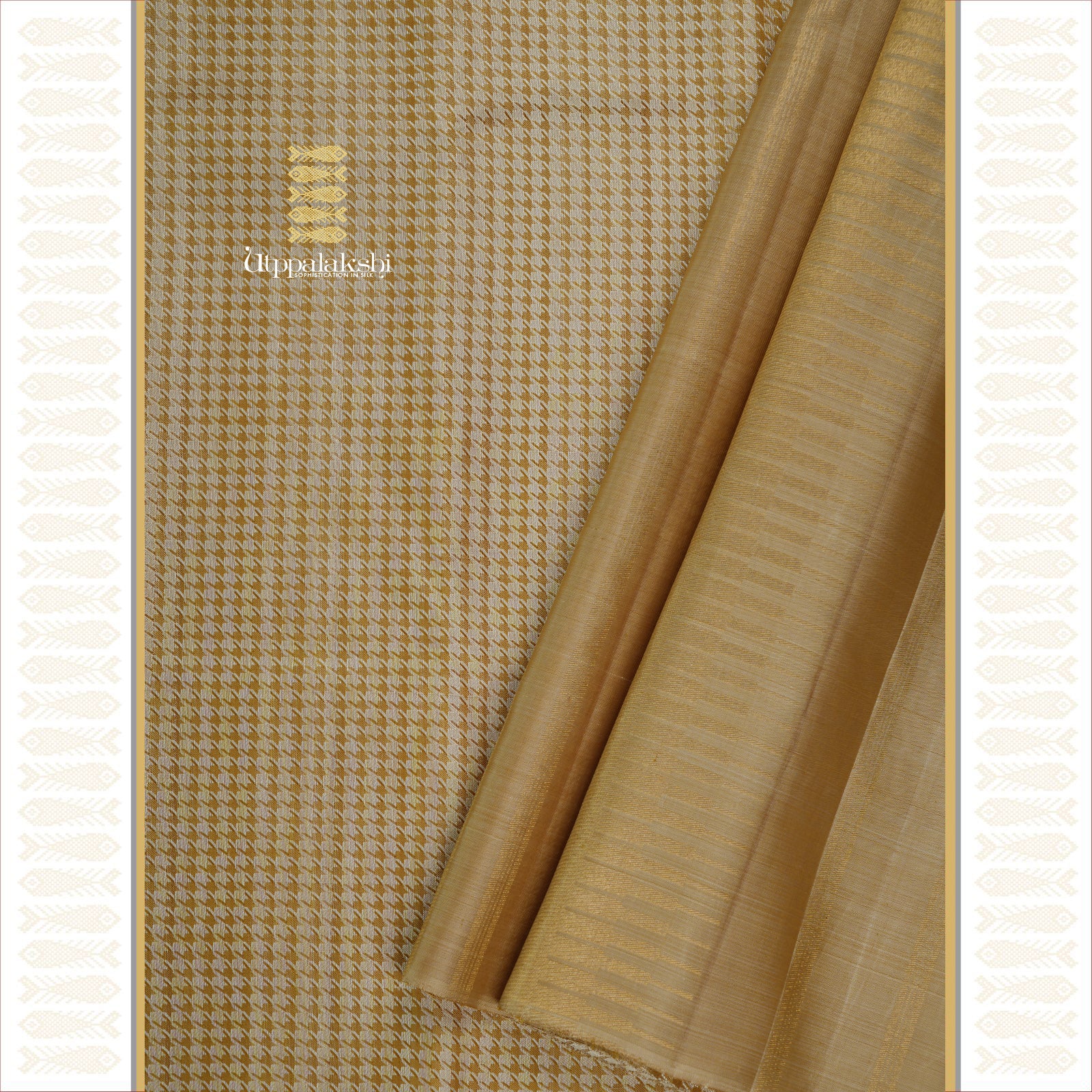 Tusser and White Body with Classic Houndstooth Pattern – An Utppalakshi Handwoven Kanjivaram Silk Saree