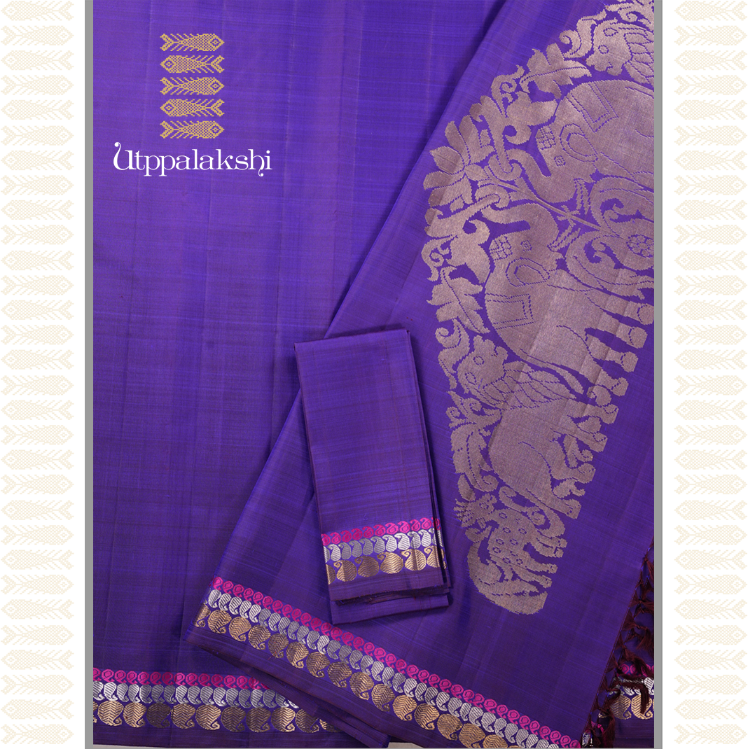 A MASTER WEAVER'S CREATION-PURPLE COLOUR MANGO BORDER SAREE- AN UTPPALAKSHI HANDWOVEN KANCHIPURAM SILK SAREE