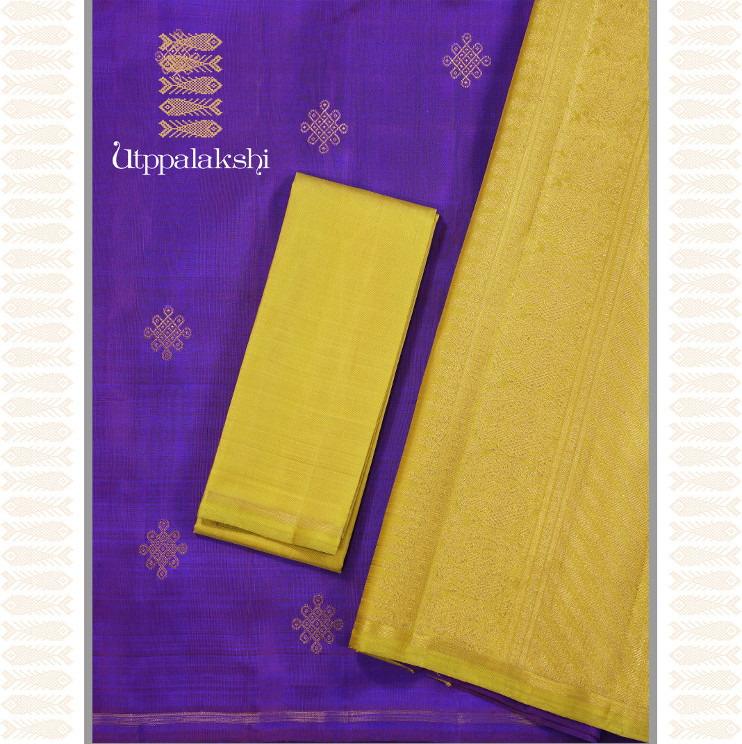 VOILET COLOUR KOLAM SAREE WITH OLIVE GREEN PALLU-AN UTPPALAKSHI HANDWOVEN KANCHIPURAM SILK SAREE