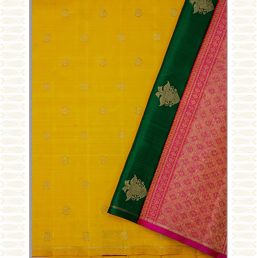 TURMERIC YELLOW DOUBLE COLOUR PALLU-AN UTPPALAKSHI HANDWOVEN KANCHIPURAM SILK SAREE