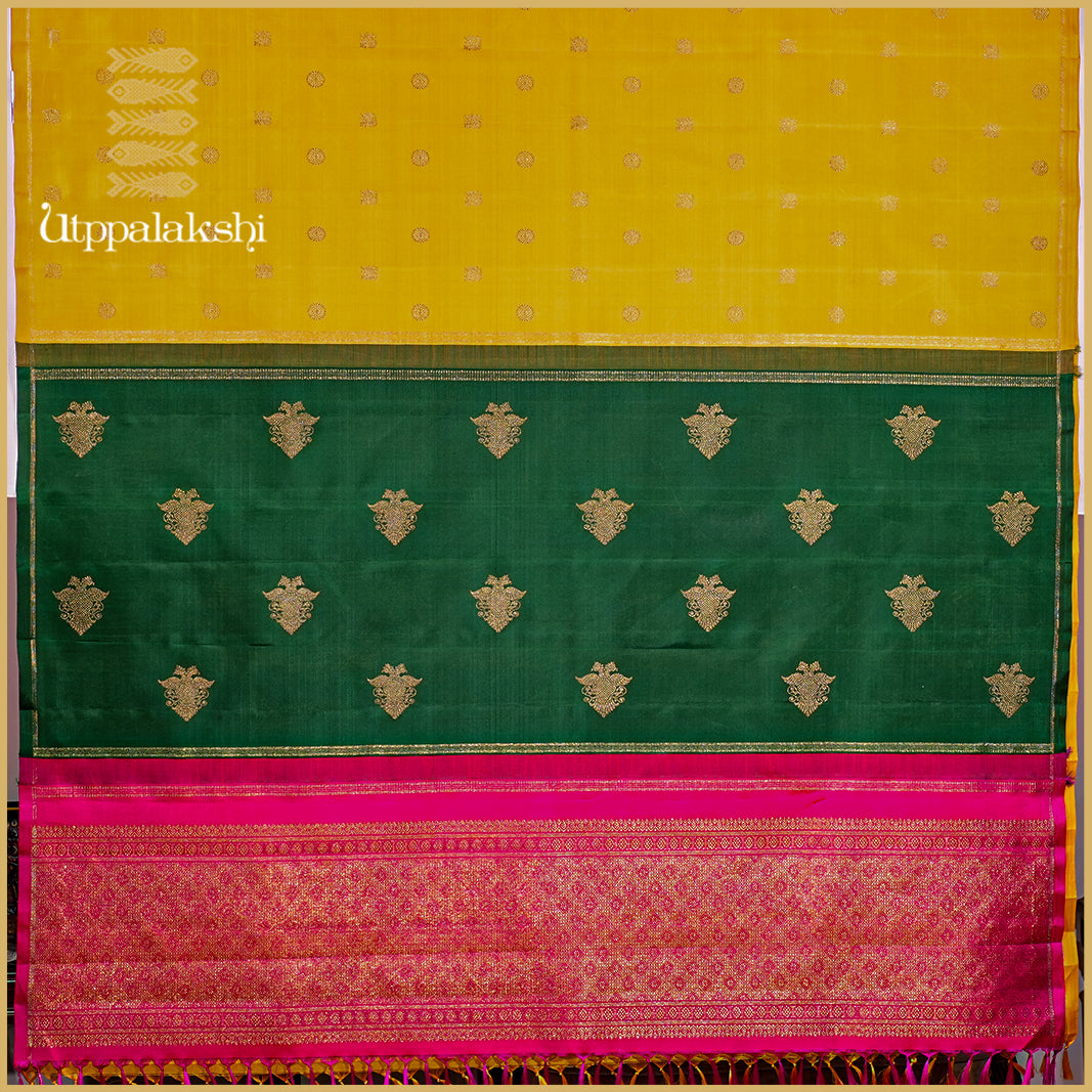 TURMERIC YELLOW DOUBLE COLOUR PALLU-AN UTPPALAKSHI HANDWOVEN KANCHIPURAM SILK SAREE