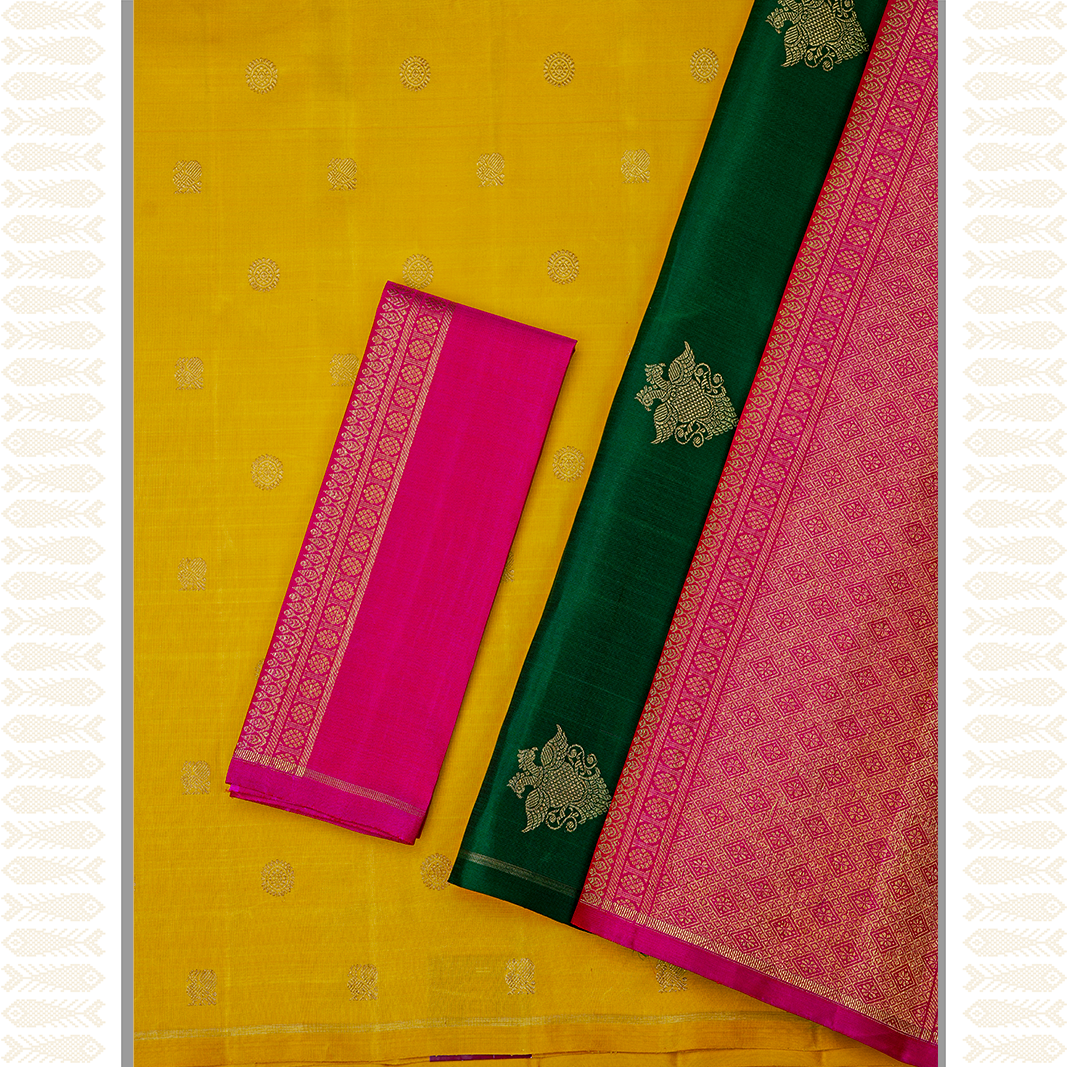TURMERIC YELLOW DOUBLE COLOUR PALLU-AN UTPPALAKSHI HANDWOVEN KANCHIPURAM SILK SAREE