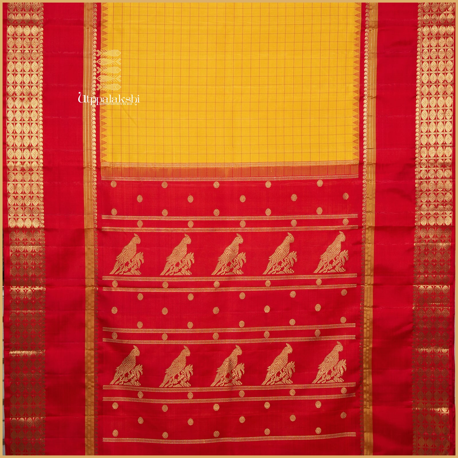 Yellow and Red Kutrala Kuravanji Saree with Parrot Motifs and Tomato Red Border & Pallu – An Utppalakshi Handwoven Kanjivaram Silk Saree