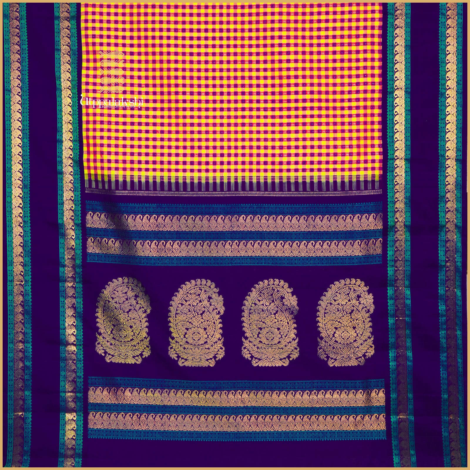 Yellow and Pink Patani Checks with Blue Border and Pallu Featuring Diamond and Silver Jari Motifs – An Utppalakshi Handwoven Kanjivaram Silk Saree