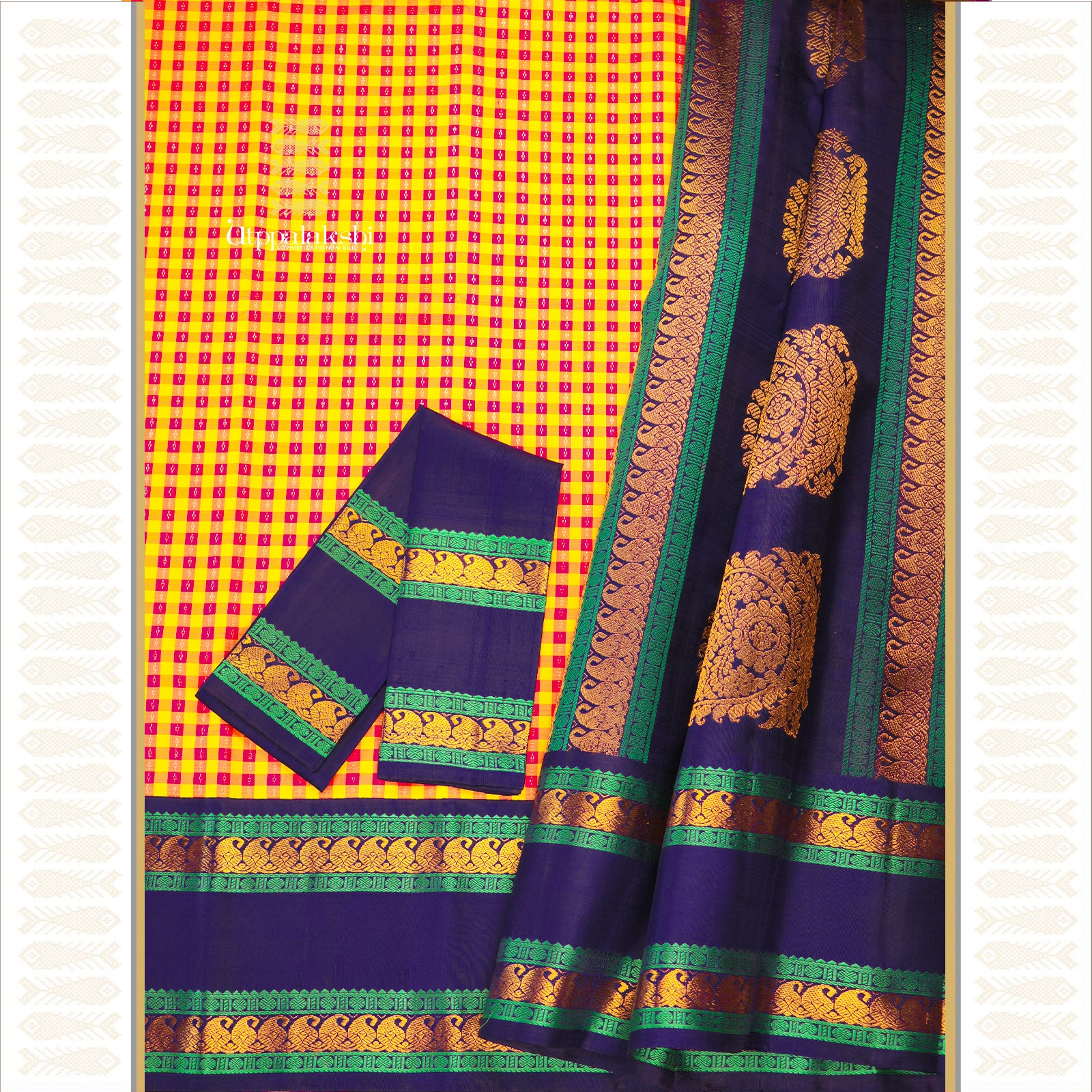 Yellow and Pink Patani Checks with Blue Border and Pallu Featuring Diamond and Silver Jari Motifs – An Utppalakshi Handwoven Kanjivaram Silk Saree