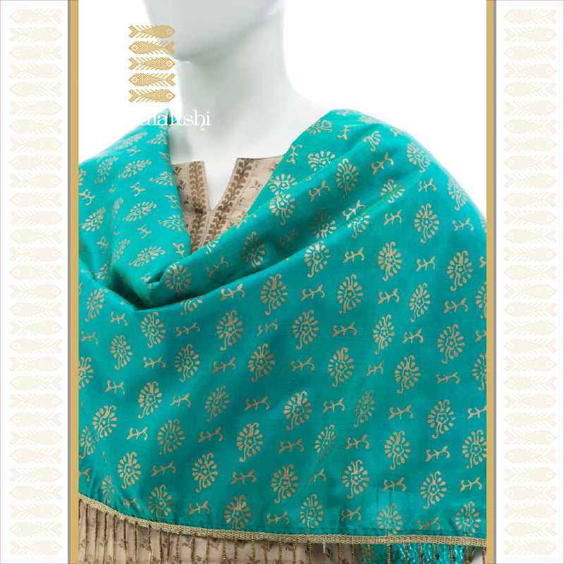 UTPPALAKSHI KANJIVARAM SILK DUPATTA BLUE WITH GOLD BLOCK PRINT