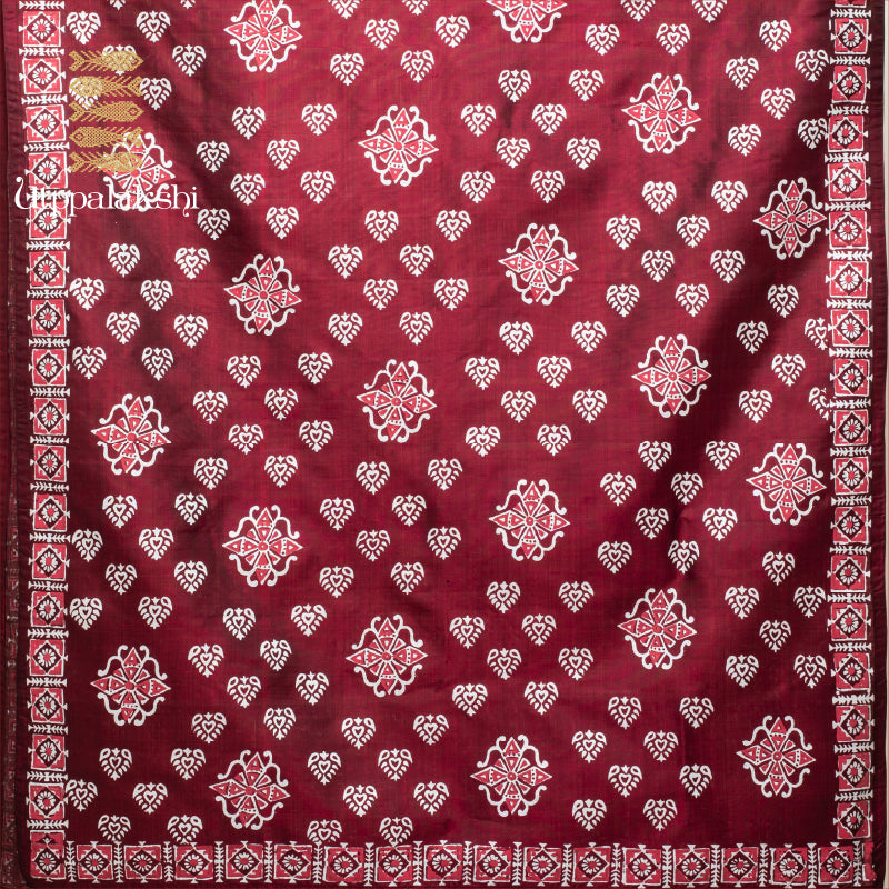 UTPPALAKSHI KANJIVARAM SILK DUPATTA MAROON WHITE BLOCKPRINT