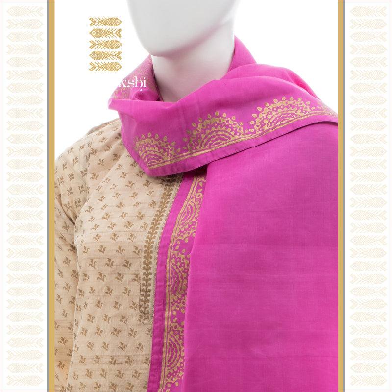 UTPPALAKSHI KANJIVARAM SILK STOLE DUPATTA PINK WITH GOLD BLOCKPRINT