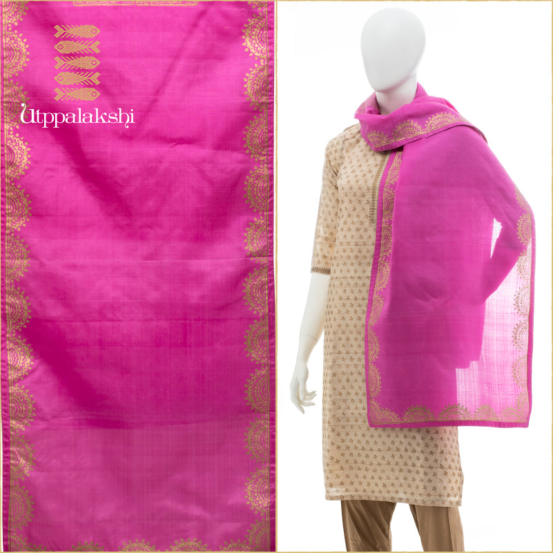 UTPPALAKSHI KANJIVARAM SILK STOLE DUPATTA PINK WITH GOLD BLOCKPRINT