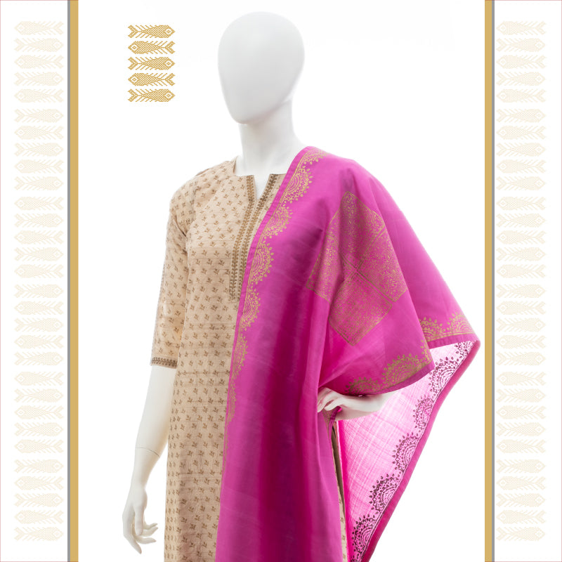 UTPPALAKSHI KANJIVARAM SILK STOLE DUPATTA PINK WITH GOLD BLOCKPRINT