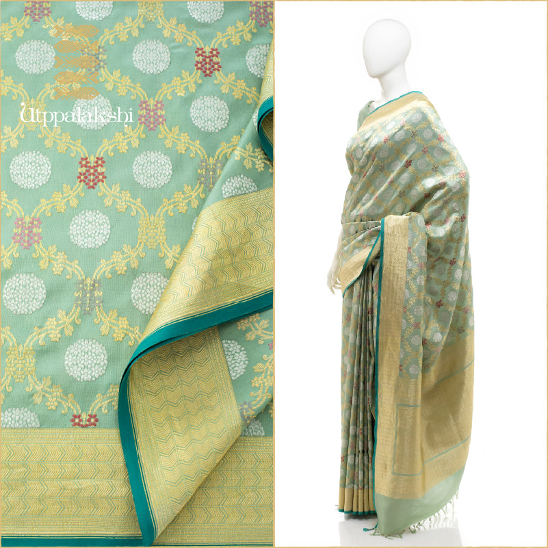 PASTEL GREEN GOLD AND SILVER THREADWORK || BRIDAL BENARAS || UTPPALAKSHI HANDWOVEN BENARAS SILK SAREE