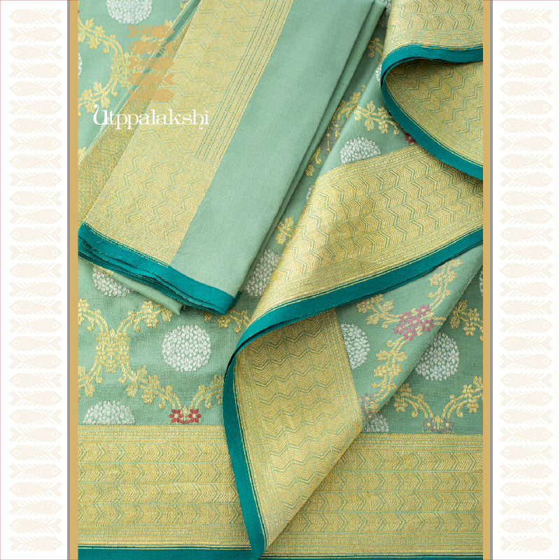 PASTEL GREEN GOLD AND SILVER THREADWORK || BRIDAL BENARAS || UTPPALAKSHI HANDWOVEN BENARAS SILK SAREE