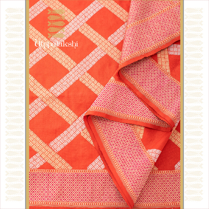 ORANGE WITH GOLD AND SILVER THREADWORK || BENARAS BRIDAL || UTPPALAKSHI HANDWOVEN BENARAS SILK SAREE IN