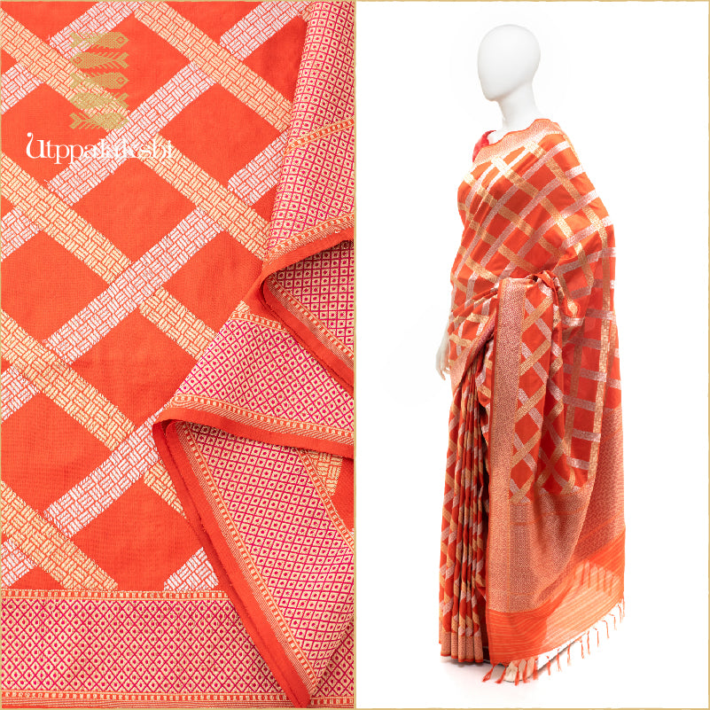 ORANGE WITH GOLD AND SILVER THREADWORK || BENARAS BRIDAL || UTPPALAKSHI HANDWOVEN BENARAS SILK SAREE IN