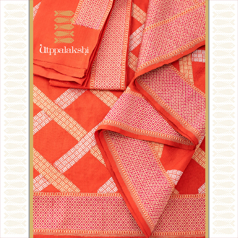 ORANGE WITH GOLD AND SILVER THREADWORK || BENARAS BRIDAL || UTPPALAKSHI HANDWOVEN BENARAS SILK SAREE IN