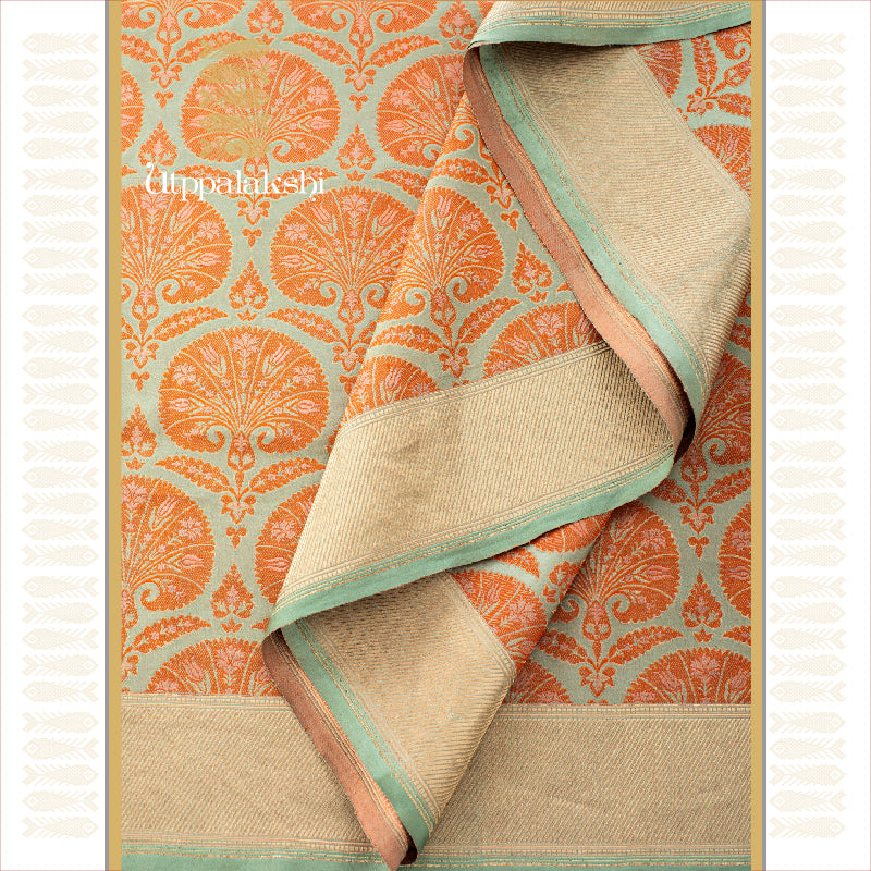UTPPALAKSHI HANDWOVEN BENARAS SILK SAREE GREEN WITH ORANGE THREADWORK