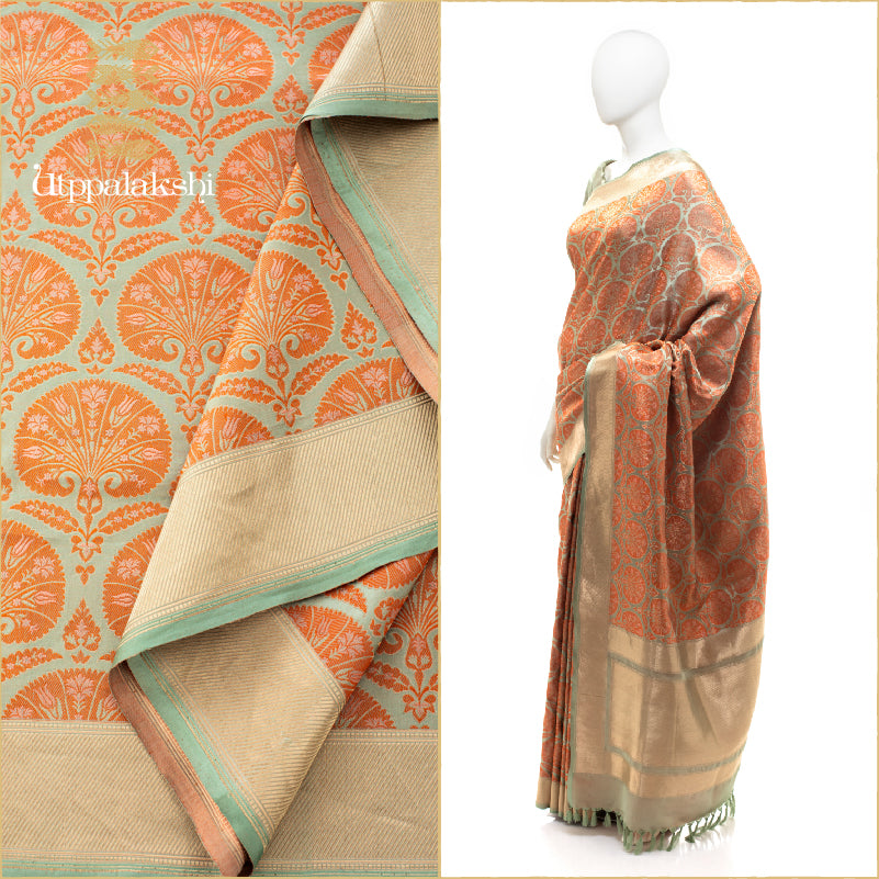 PASTEL GREEN WITH ORANGE THREADWORK || BENARAS SILK ||UTPPALAKSHI HANDWOVEN SILK SAREE