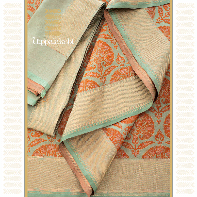 PASTEL GREEN WITH ORANGE THREADWORK || BENARAS SILK ||UTPPALAKSHI HANDWOVEN SILK SAREE