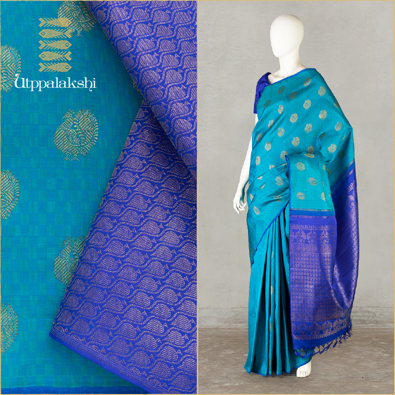 LIGHT BLUE DARK BLUE PAIMUDI ANNAM NO BORDER || UTPPALAKSHI KAUTPPALAKSHI HANDWOVEN KANJIVARAM SILK SAREE
