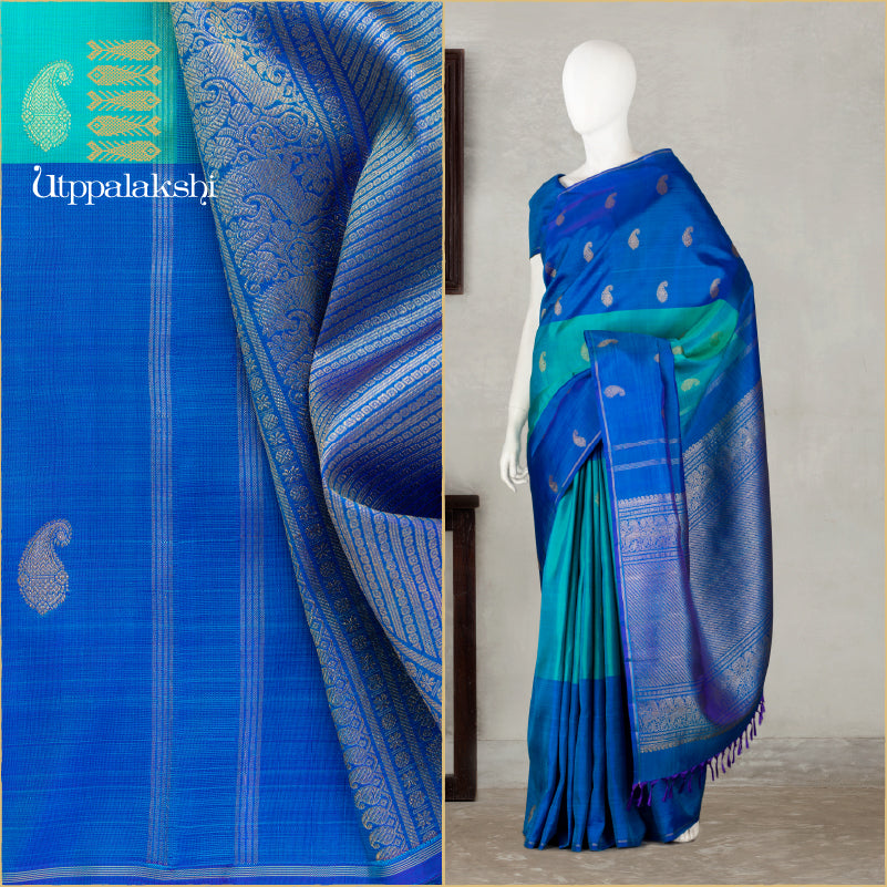 BLUE AND DARK BLUE WITH MANGA MOTIFS || UTPPALAKSHI HANDWOVEN KANJIVARAM SILK SAREE