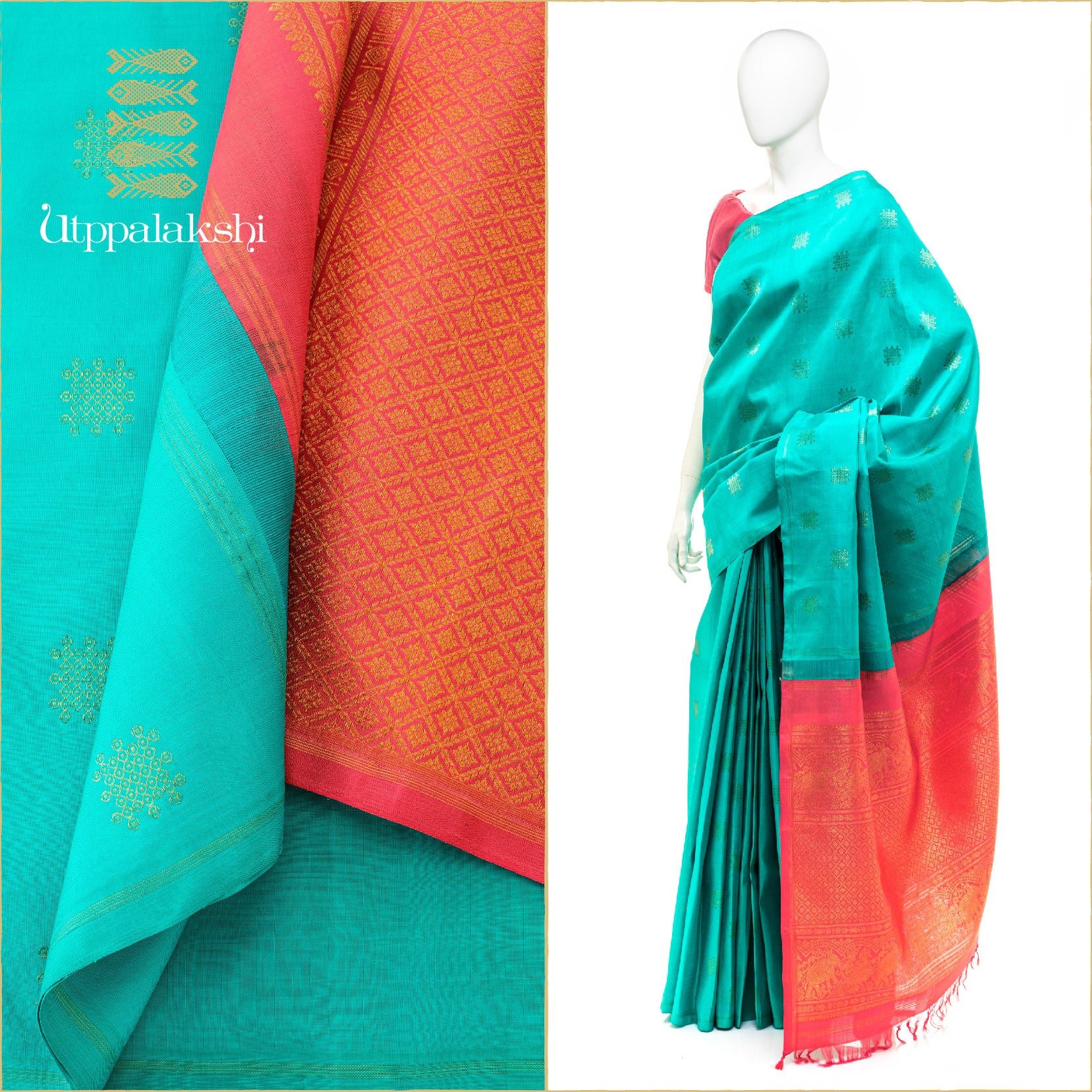 REXONA / SEA GREEN AND PINK KOLAM || UTPPALAKSHI HANDWOVEN KANJIVARAM SILK SAREE