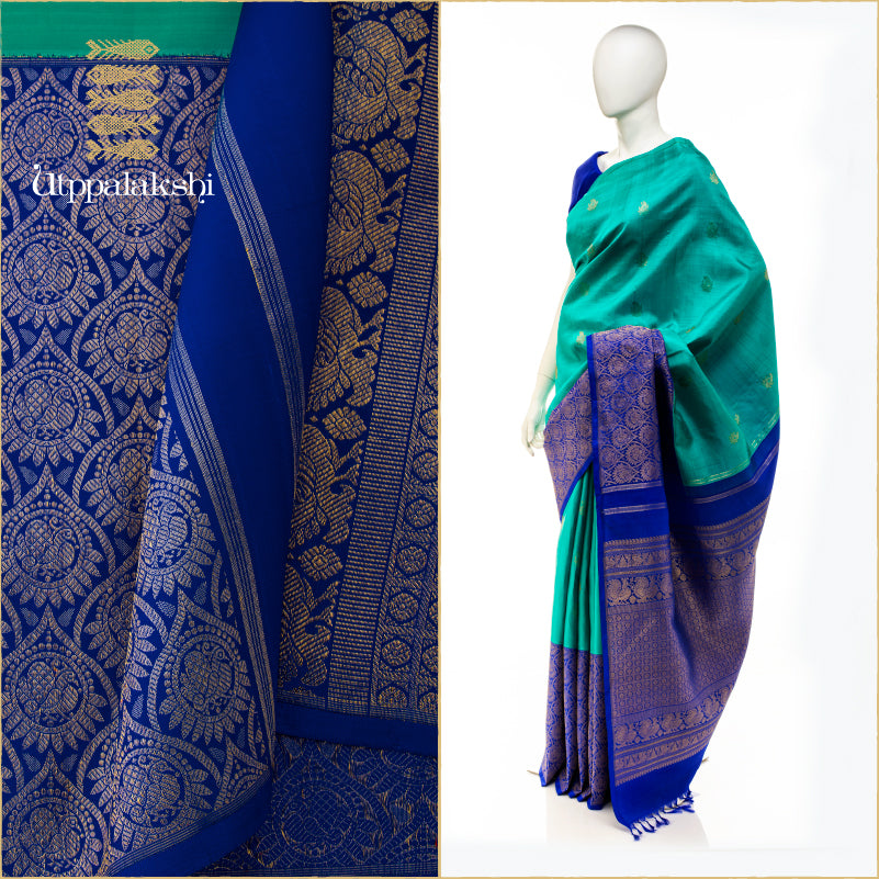 HALF AND HALF SAREE SAPPHIRE AND SEA GREEN || UTPPALAKSHI HANDWOVEN KANJIVARAM SILK