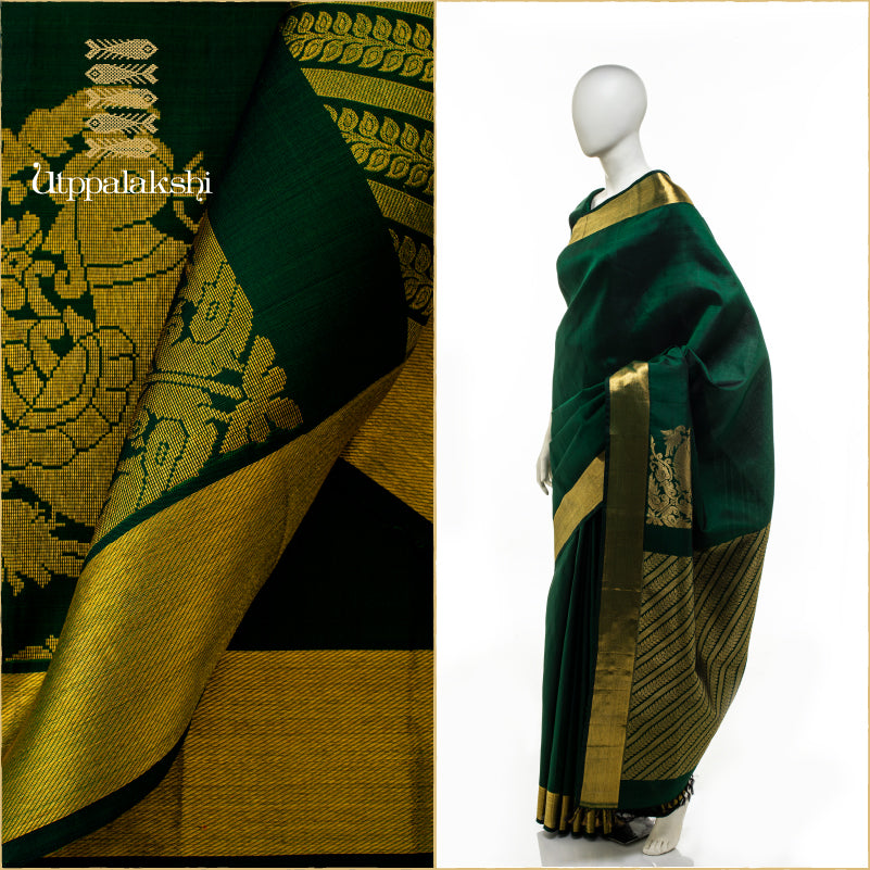 GREEN WITH ANNAM CORDER MOTIF AND GETTI ZARI BORDER || UTPPALAKSHI HANDWOVEN KANJIVARAM SILK SAREE