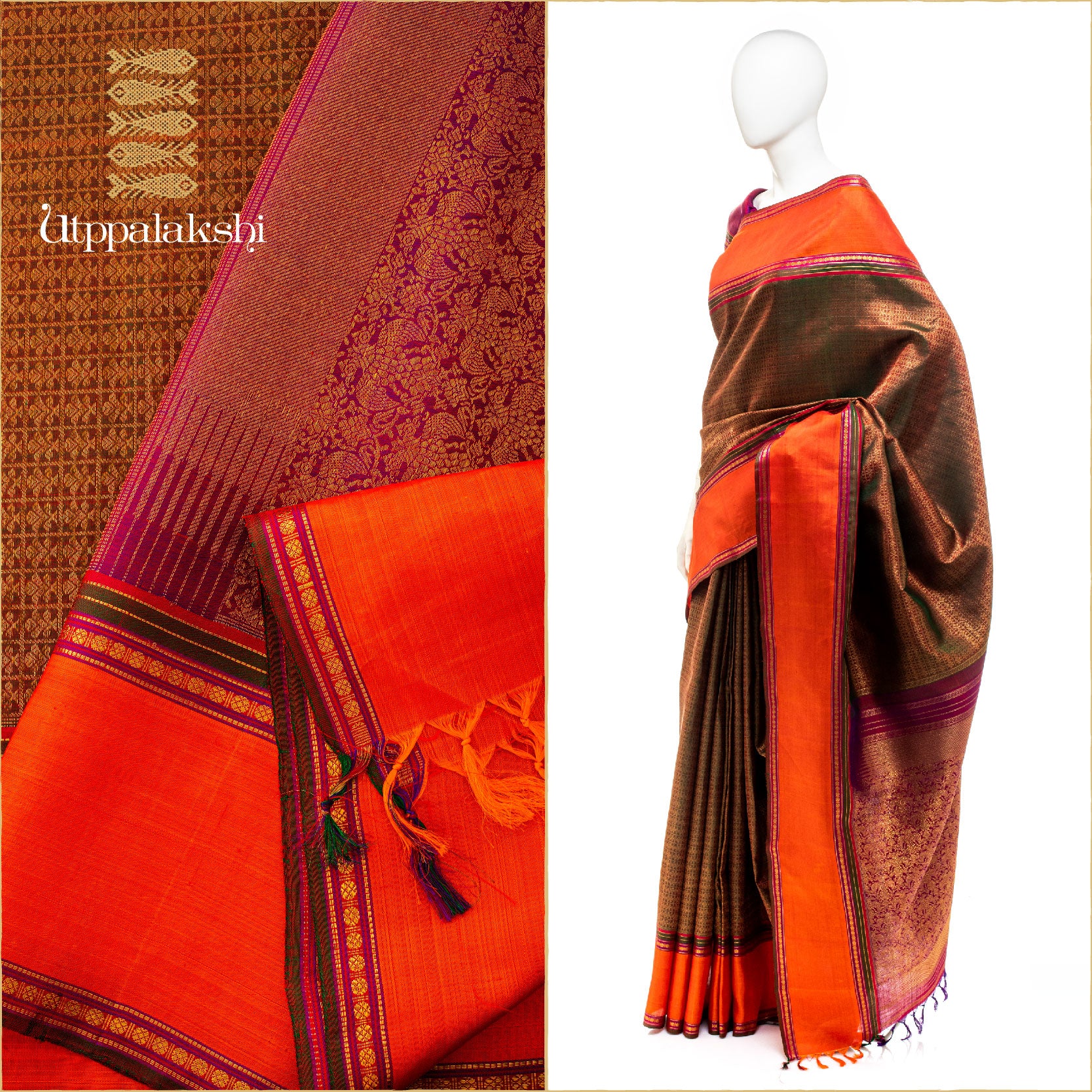 UTPPALAKSHI HANDWOVEN KANJIVARAM SILK BRIDAL SAREE BROCADE MAGENTA WITH RUST
