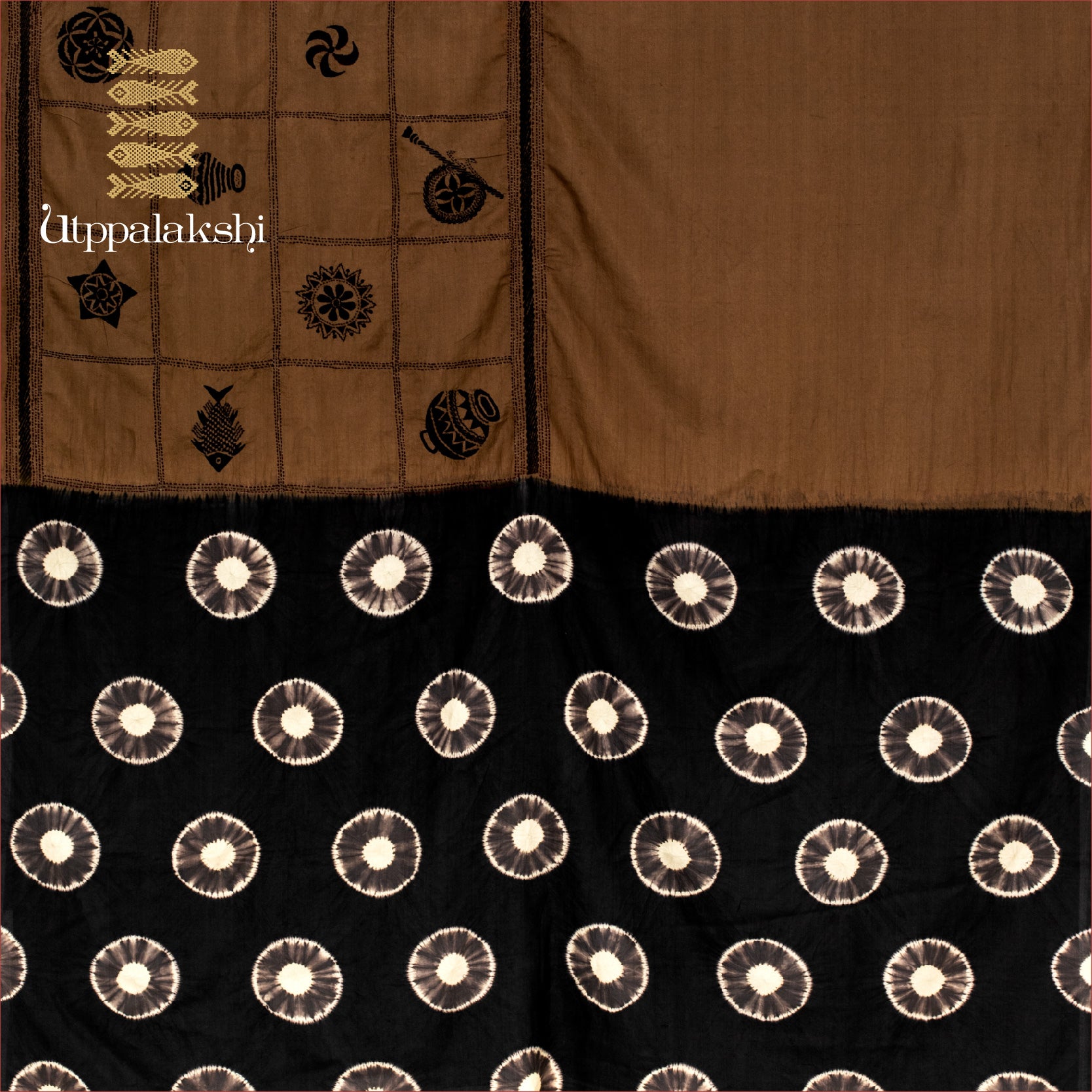 BROWN & BLACK WITH JAPANESE SHIBORI TIE AND DYE LAKSHI KANTA EMBROIDERY || UTPPALAKSHI HANDWOVEN KANJIVARAM SILK SAREE