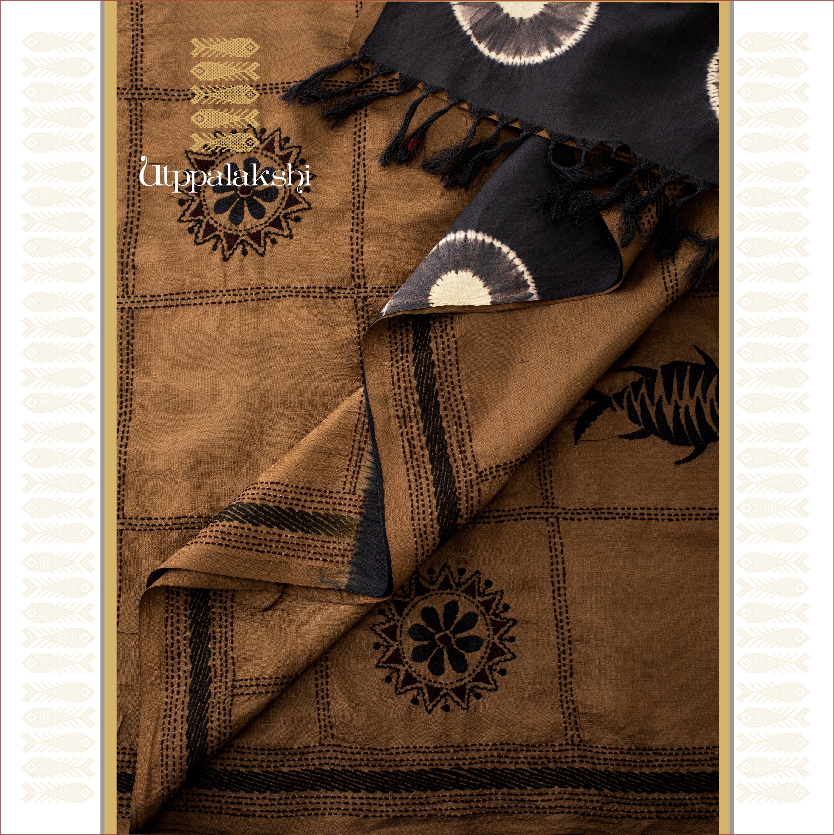 BROWN & BLACK WITH JAPANESE SHIBORI TIE AND DYE LAKSHI KANTA EMBROIDERY || UTPPALAKSHI HANDWOVEN KANJIVARAM SILK SAREE