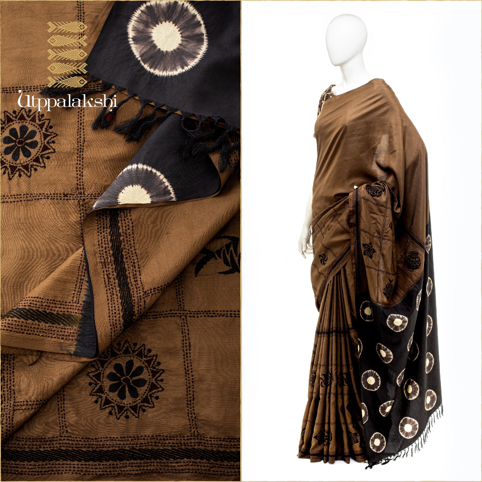 BROWN & BLACK WITH JAPANESE SHIBORI TIE AND DYE LAKSHI KANTA EMBROIDERY || UTPPALAKSHI HANDWOVEN KANJIVARAM SILK SAREE
